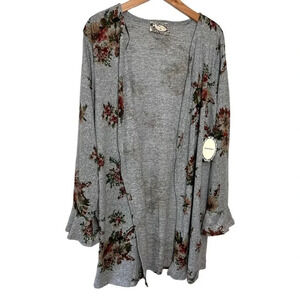 Skonket XL gray & floral print open lightweight hip‎ length cardigan